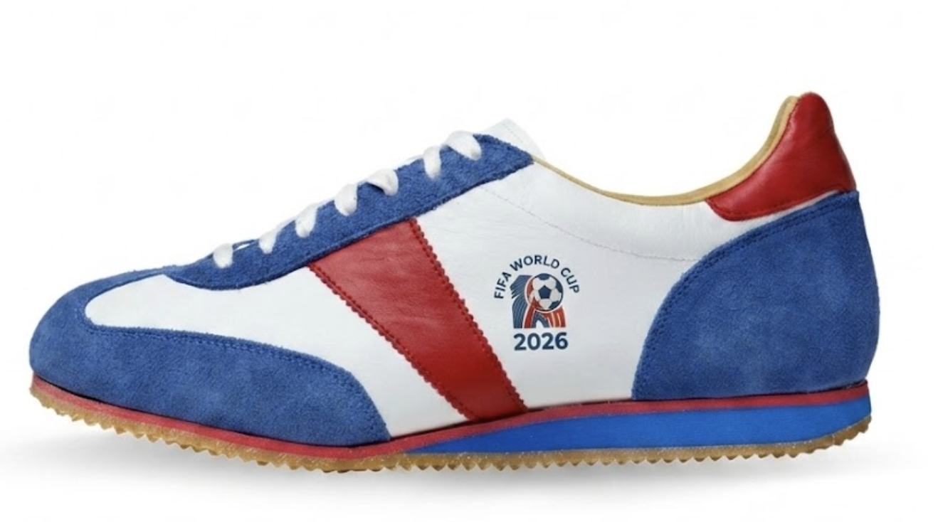 Štýlová športová topánka v modrej, bielej a červenej farbe s logom a nápisom 2026.